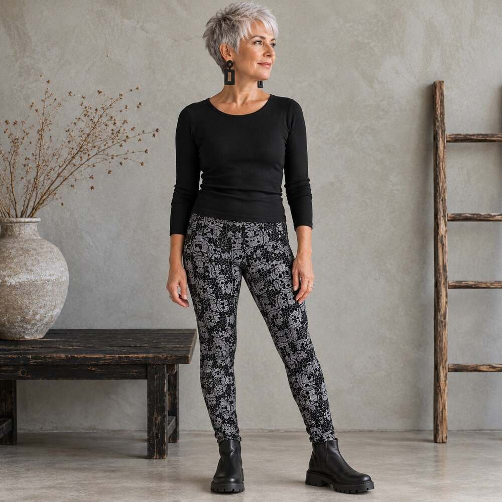 Soft Surroundings Black Gray Abstract Floral Soft Legging / Pants Medium